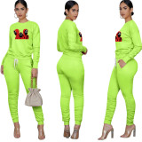 Trend New Fuorescent Green Squid Game Mask Man Printed Sports Two Piece Ruched Pants Set