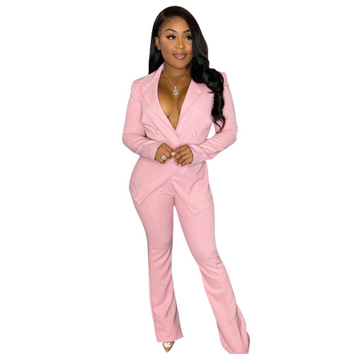 Autumn Winter Solid Color Pink Notched Collar Flared Pant Suits Set for Women