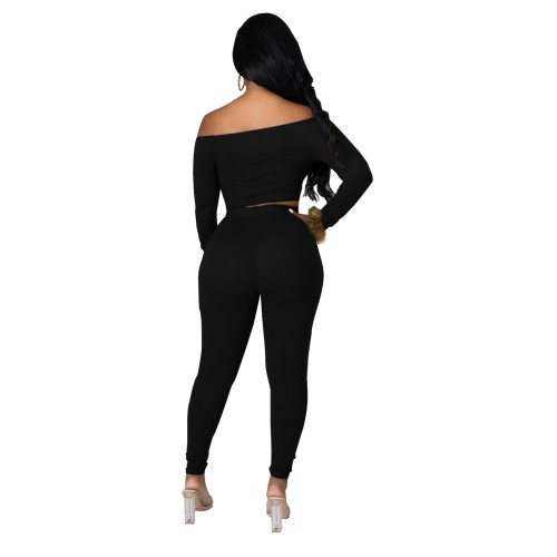 Pure Color Black Plush Off The Shoulder Sexy Pants Outfits