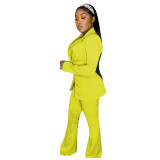 Autumn Winter Solid Color Yellow Notched Collar Flared Pant Suits Set for Women