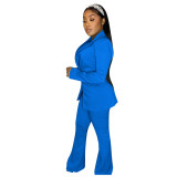 Autumn Winter Solid Color Blue Notched Collar Flared Pant Suits Set for Women