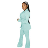 Autumn Winter Solid Color Cyan-blue Notched Collar Flared Pant Suits Set for Women