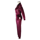 Solid Color Wine Red Zipper Gold Velvet Long Sleeve Loungewear Women Sets with Pockets