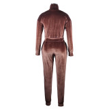 Solid Color Coffee Zipper Gold Velvet Long Sleeve Loungewear Women Sets with Pockets