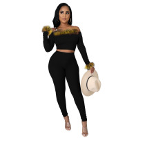 Pure Color Black Plush Off The Shoulder Sexy Pants Outfits