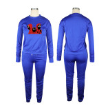 Trend New Royal Blue Squid Game Mask Man Printed Sports Two Piece Ruched Pants Set