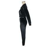 Solid Color Black Zipper Gold Velvet Long Sleeve Loungewear Women Sets with Pockets