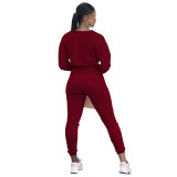 Solid Color Wine Red Three Piece Thread Pit Long Sleeve Crop Top and Trousers with Vest