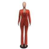 Autumn Winter Solid Color Red Notched Collar Flared Pant Suits Set for Women