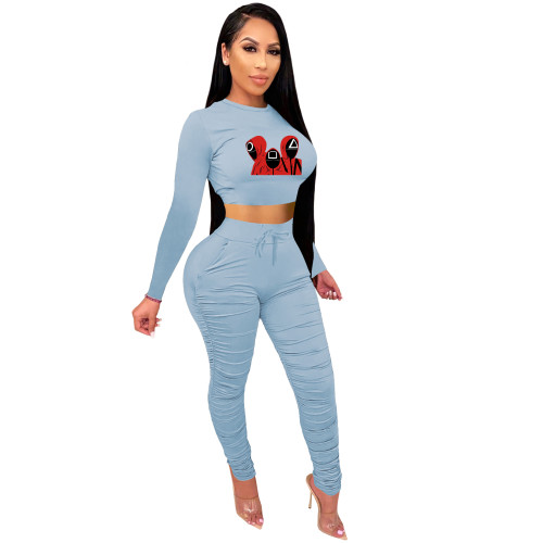Hot Selling Trend New Light Blue Squid Game Mask Man Printed Crop Top Sports Two Piece Ruched Set