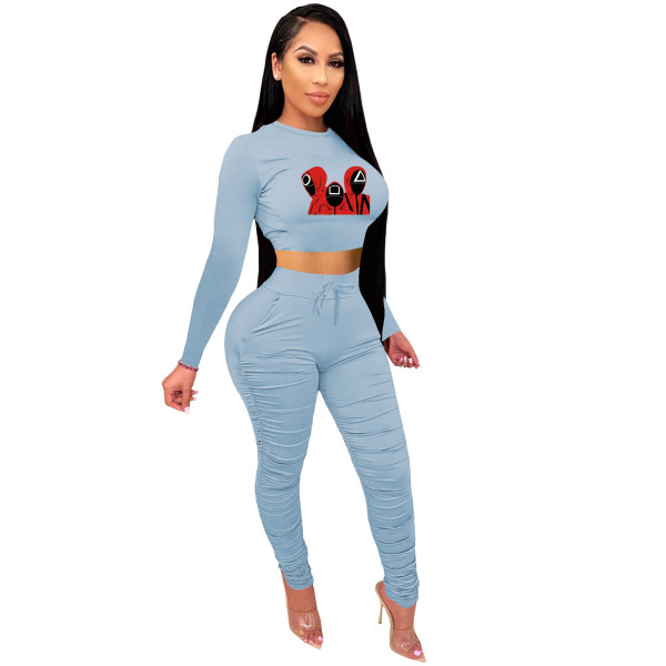 Hot Selling Trend New Light Blue Squid Game Mask Man Printed Crop Top Sports Two Piece Ruched Set
