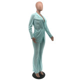 Autumn Winter Solid Color Cyan-blue Notched Collar Flared Pant Suits Set for Women