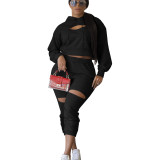 Solid Color Black Drop-shoulder Hooded Sweatshirt Thick Sweatpants Set