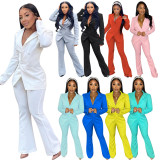 Autumn Winter Solid Color White Notched Collar Flared Pant Suits Set for Women