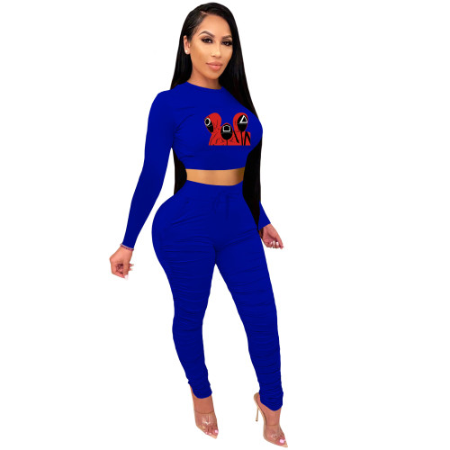 Hot Selling Trend New Royal Blue Squid Game Mask Man Printed Crop Top Sports Two Piece Ruched Set