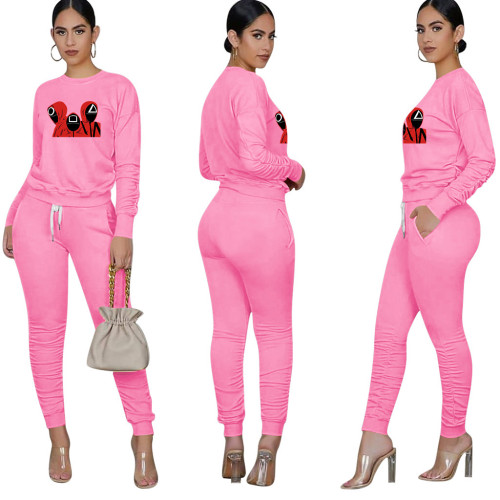 Trend New Pink Squid Game Mask Man Printed Sports Two Piece Ruched Pants Set