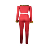 Pure Color Red Plush Off The Shoulder Sexy Pants Outfits