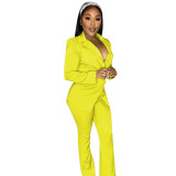 Autumn Winter Solid Color Yellow Notched Collar Flared Pant Suits Set for Women