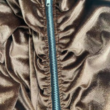 Solid Color Khaki Zipper Velvet Stacked Clothing Winter Pleated Women Pants Set