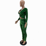 Solid Color Green Zipper Velvet Stacked Clothing Winter Pleated Women Pants Set