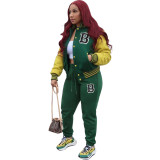 Green Air Layer Baseball Suit Buttons Printed Letter Two Piece Outfits