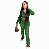 Solid Color Green Zipper Velvet Stacked Clothing Winter Pleated Women Pants Set