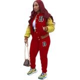 Red Air Layer Baseball Suit Buttons Printed Letter Two Piece Outfits