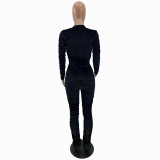 Solid Color Black Zipper Velvet Stacked Clothing Winter Pleated Women Pants Set