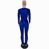 Solid Color Blue Zipper Velvet Stacked Clothing Winter Pleated Women Pants Set