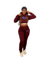 Winter Sports Long Sleeve Two Piece Wine Red Printed Bandage Sweatshirt Hooded Set For Women