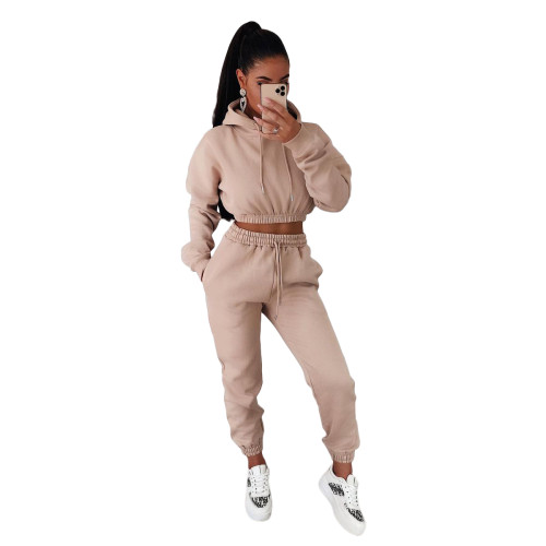 Women Winter Clothes Casual Khaki Thick Hooded Sweatpants Two Piece Outfits Set