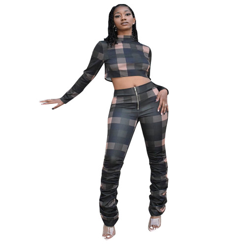 Trendy Chic Plaid Two Piece Outfits High Neck Long Sleeve Pullover Crop Top And Stacked Trousers