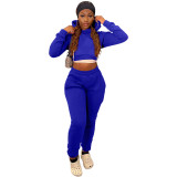 Winter Sports Long Sleeve Two Piece Hoodie Bandage Sweatpant Blue Set For Women