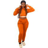 Winter Sports Long Sleeve Two Piece Hoodie Bandage Sweatpant Orange Set For Women