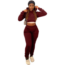 Winter Sports Long Sleeve Two Piece Hoodie Bandage Sweatpant Wine Red Set For Women