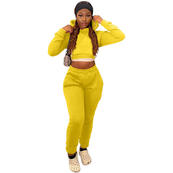 Winter Sports Long Sleeve Two Piece Hoodie Bandage Sweatpant Yellow Set For Women