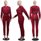 Winter Sports Long Sleeve Two Piece Hoodie Bandage Sweatpant Wine Red Set For Women