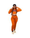 Winter Sports Long Sleeve Two Piece Orange Printed Bandage Sweatshirt Hooded Set For Women
