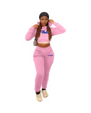 Winter Sports Long Sleeve Two Piece Pink Printed Bandage Sweatshirt Hooded Set For Women