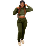 Winter Sports Long Sleeve Two Piece Hoodie Bandage Sweatpant Army Green Set For Women