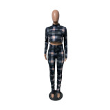 Trendy Chic Plaid Two Piece Outfits High Neck Long Sleeve Pullover Crop Top And Stacked Trousers