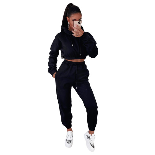 Women Winter Clothes Casual Black Thick Hooded Sweatpants Two Piece Outfits Set