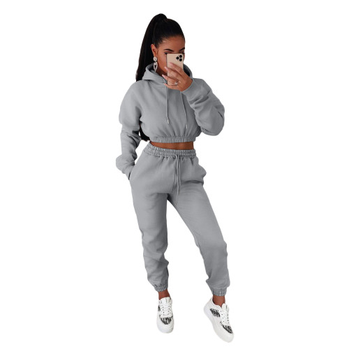 Women Winter Clothes Casual Grey Thick Hooded Sweatpants Two Piece Outfits Set