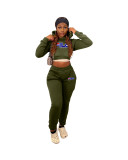 Winter Sports Long Sleeve Two Piece Army Green Printed Bandage Sweatshirt Hooded Set For Women