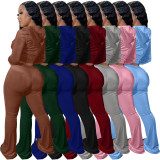 Winter Sky Blue Velvet Zipper Hoodie Set Pockets Wide Leg Pant Set For Women