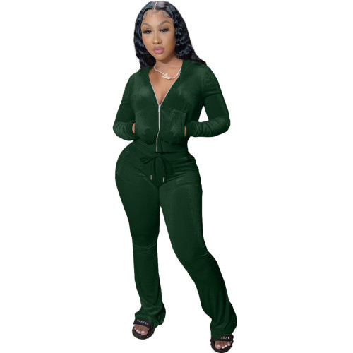 Winter Green Velvet Zipper Hoodie Set Pockets Wide Leg Pant Set For Women