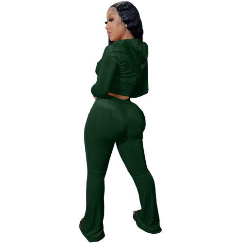 Winter Green Velvet Zipper Hoodie Set Pockets Wide Leg Pant Set For Women