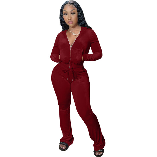 Winter Wine Red Velvet Zipper Hoodie Set Pockets Wide Leg Pant Set For Women