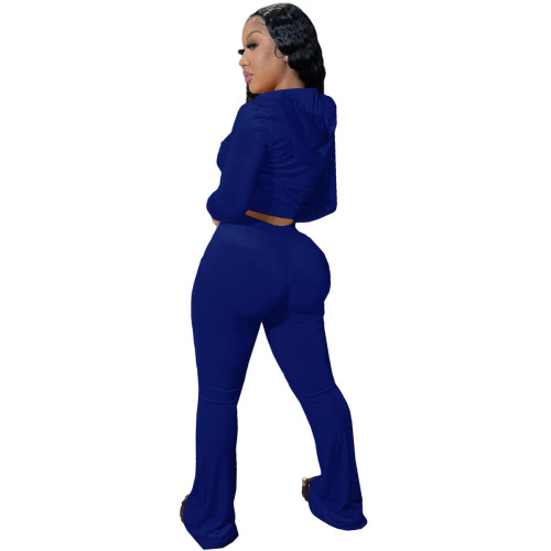 Winter Royal Blue Velvet Zipper Hoodie Set Pockets Wide Leg Pant Set For Women