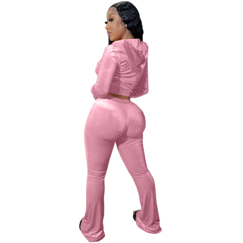 Winter Pink Velvet Zipper Hoodie Set Pockets Wide Leg Pant Set For Women